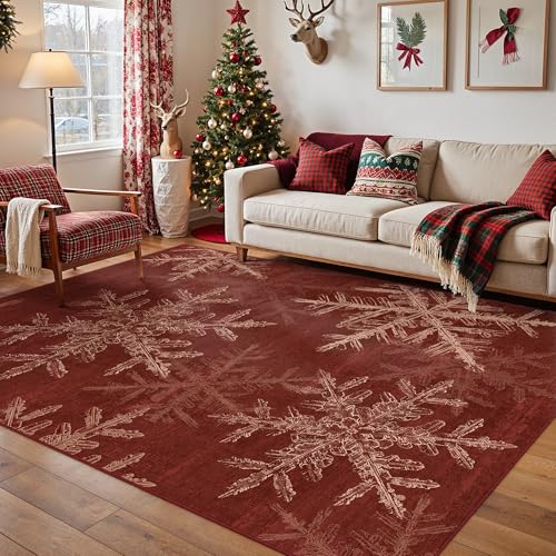 PureCozy Christmas Area Rug 5x7 Red Washable Office Carpet Xmas Snowflake Holiday Decor Entryway Non Slip Soft Low Pile Carpet Indoor Throw Rug for Kitchen Dining Living Room Bedroom Entrance