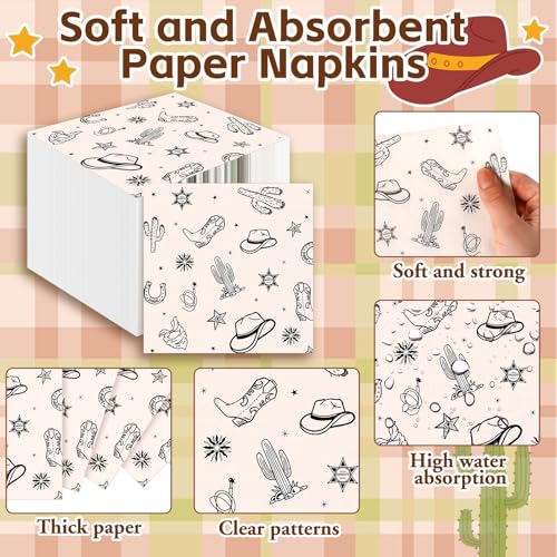 Image of Qinyoung 100 Pcs Western Cowboy Paper Plates and Napkins, Decorations | Disposable Paper Tableware Set for Cowboy Rodeo Theme Party, Western Birthday Decorations, Outdoor Wedding