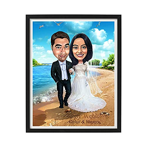 Image of DK Decors Personalized Caricature Photo Frame Custom Cartoon Portrait from Photo, Wedding Honeymoon Gift for Couple, Husband & Wife (8x10 Inch)