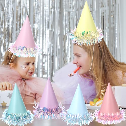 24 Pcs Iridescent Foil Pastel Rainbow Party Hats Colorful Birthday Party Cone Hats Pastel Paper Caps with Elastic String for Kids and Adults Birthday Baby Shower Bridal Shower Anniversary Decorations