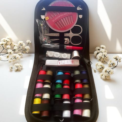 Kit de costura com estojo preto, pequeno portátil, contém suprimentos de costura e acessórios, presentes de Natal para mãe, iniciante, viajante, emergência, fita métrica macia, linha, tesoura, agulha