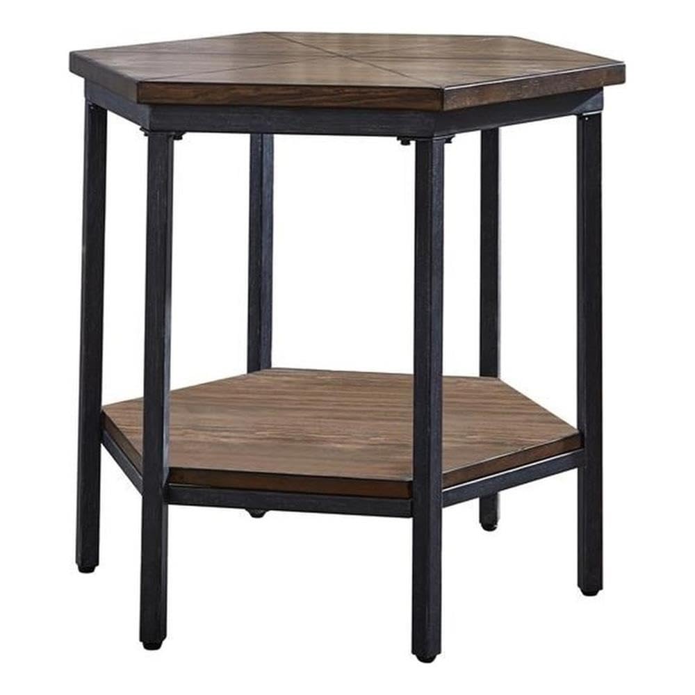BOWERY HILL End Table Coffee Accent Table, Hexagon, Transitional, Indoor with 1 Shelf in Metal, Chocolate