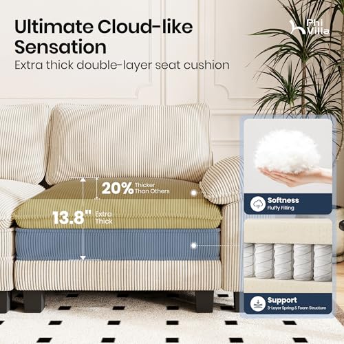 Image of PHI VILLA Cloud Modular Couch Sets, 157.5 inch Oversized Sectional Sofa with L-Shaped Chaise, 5-Seater Upholstered Couches with Movable Ottoman for Living Room, Corduroy Beige
