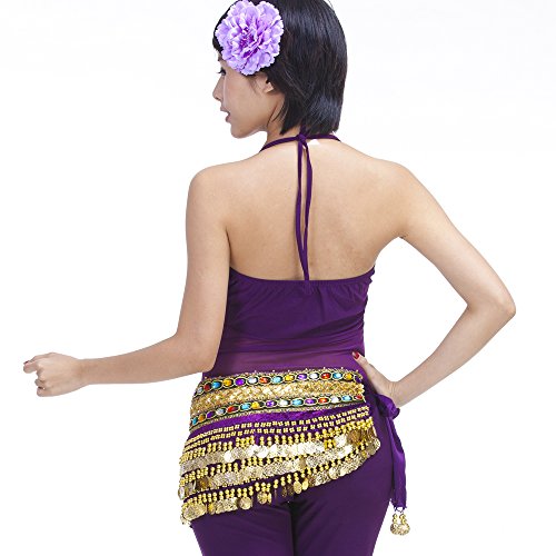 Mutreso Belly Dance Hip Scarf With 248 Gold Coins 150Cm Colorful Gem Belt Profession Velvet Performance Skirt Hip Wrap Purple #TOP3