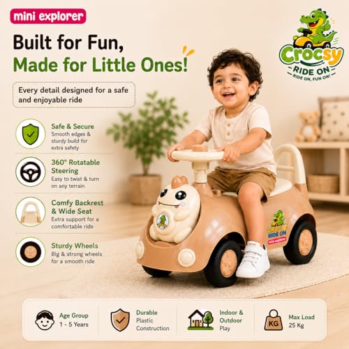 Image of MiniExplorer Crocsy Wiggle Car for Kids Age 1-5 Years, Twisting Swing Magic Car with Silent Wheels, Anti-Rollover Ride On Toy for Boys & Girls, Shockproof Yoyo Car - Brown
