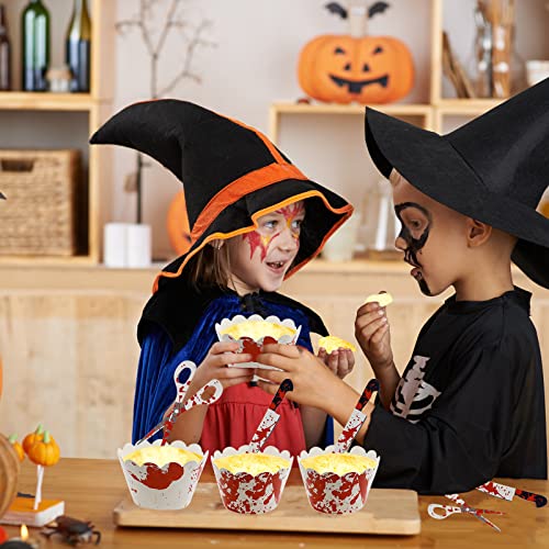 Memovan 24Pcs Halloween Cupcake Toppers Wrappers, Horror Cupcake Decorations With Horror Bloody Knife Scissors Pattern Halloween Cake Decorations For Halloween Themed Party Supplies #TOP5