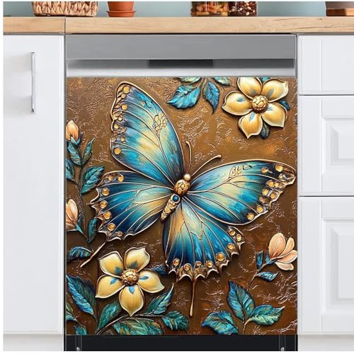 Royal Blue Metallic Butterfly Dishwasher Magnet Cover for Front Door, 3D Butterfly Flowers Anti-Scratch Decorative Magnetic Stickers for Fridge Relief Art Dishwasher Panel Skin Cover, 23"x26"