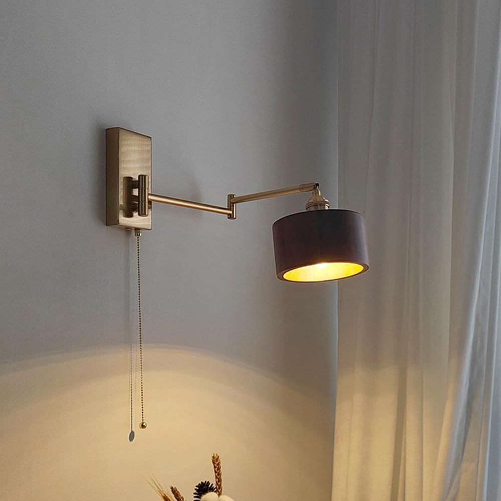 Modern Adjustable Swing Arm Wall Sconce Brass Finish Solid Wood Round Shade E27 Pull Chain Hardwired Fixture for Bedroom Bedside Reading Living Room Hallway Entryway Task Lighting(Walnut)