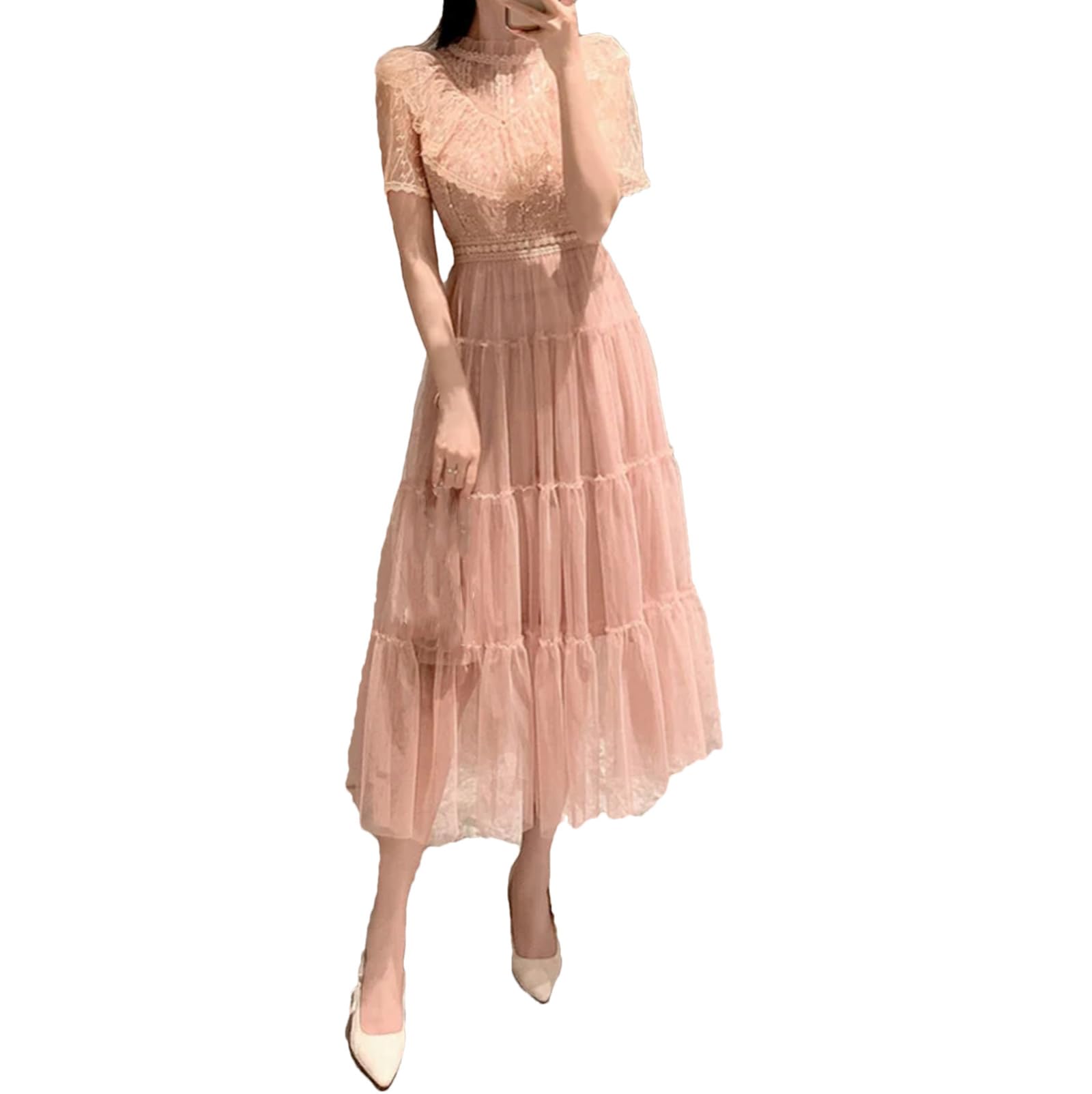 Yeuyyben Vestito da donna elegante con paillettes francese O collo manica corta vita pizzo Mesh abiti per donna