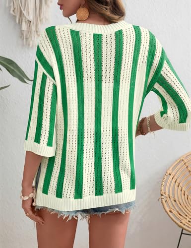 Image of Rapbin Women's Crochet V Neck Beach Cover Up 3 /4 Sleeve Hollow Out Knitted Pullover Sweater