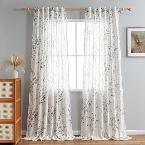 Image of MYSKY HOME Floral Sheer Curtains 108 Inch Long Linen Blended 2 Panels | Living /Dining Room Floral Light Filtering Curtains Patterned Privacy Protect Farmhouse Window Treatment 50 inch W, Navy Blue