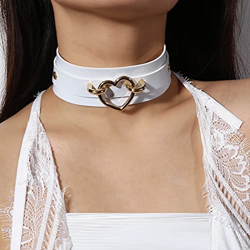 Aabellay Breit Lederhalsband Halskette Herz Form Damen Leder Choker Metall Ring Halsband Gotik Punk Rock Lederband Einstellbar Kragen - Weiß mit Gold Herz