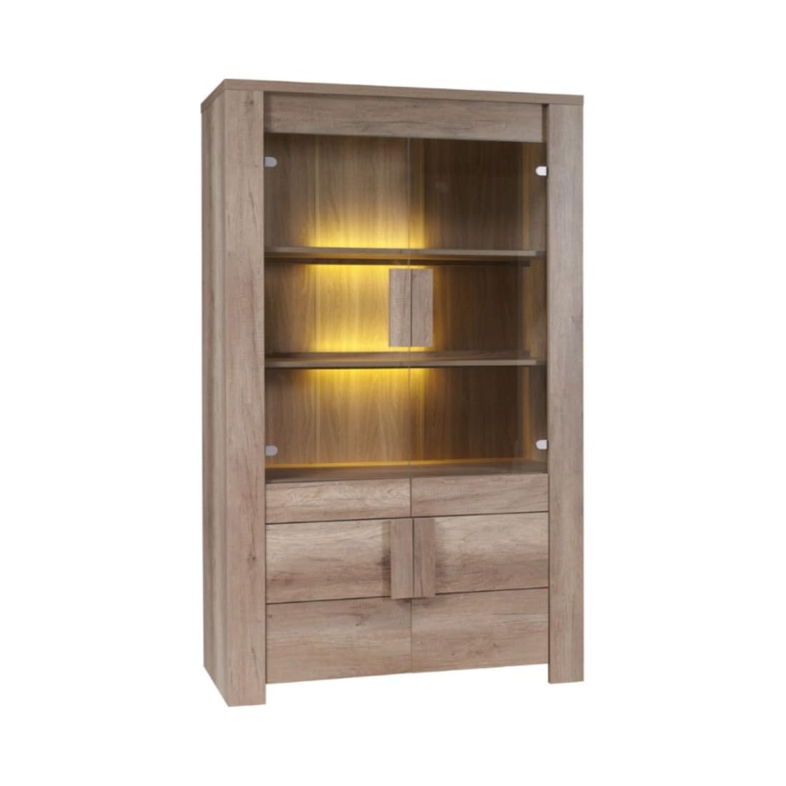 Vitrine FARRA – 4 portes avec LED – Chêne dab canyon – 120 x 195 x 47 cm