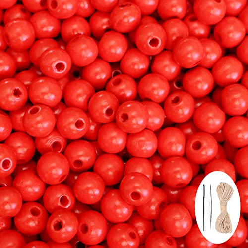 400Pcs Red Wooden Beads for Garlands Round Wood Loose Beads with Hole Smooth Spacer Beads Wood Ball with 10m Hemp Rope for Jewelry Making Home Decor - 12mm