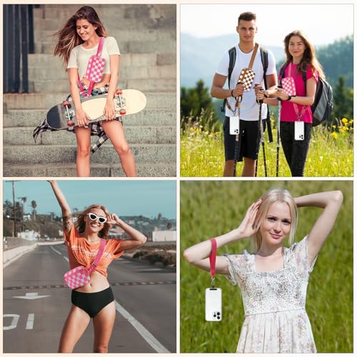 Image of YFWE Clip and Go Strap for Phone with Wallet Crossbody, Adjustable Phone Lanyard with Detachable RFID Wristlet Wallet, Phone Strap with Phone Tabs for All Phones, Pink Checkered (L)