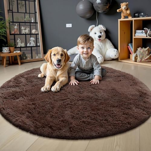 Image of Shaggy Round Area Rug - Soft Plush Circle Solid Color Carpet for Living Room, Bedroom, Kids Room - Fluffy Fuzzy Floor Mat for Home Decor (Coffee, 4x4 feet, Round)