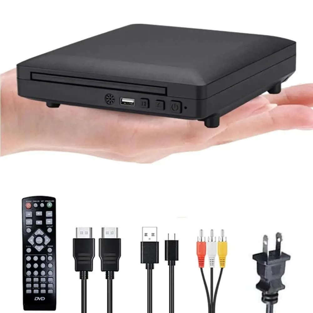 Reproductor de DVD, Mini Reproductor de DVD con HD y Cable RCA 1080P PAL/NTSC USB 2.0 Reproductor CD portátil