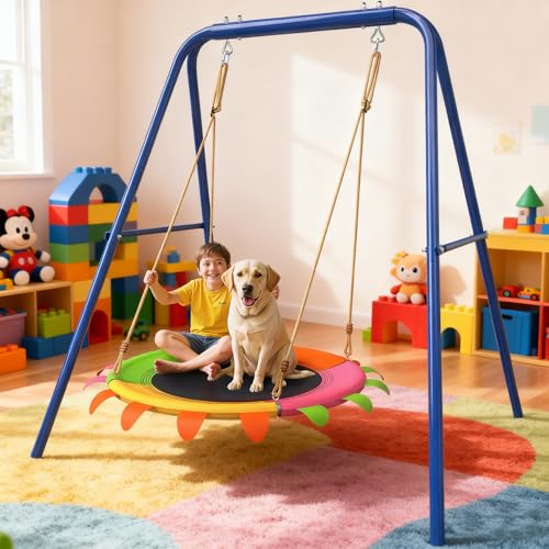 YuAnWe Saucer Swing Set for Kids Outdoor, Heavy Duty A-Frame Metal Swings Stand with 40 inch Tree Swing, 400lbs Playeset for Backyard, Easily Move to Indoor Use on A Ground Mat