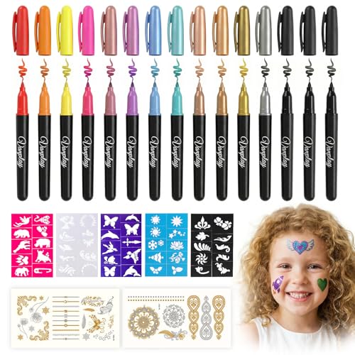 Tatouage Temporaire Stylo Tatouage Cadeau ado Fille avec 15 Stylos Tatouage 5 Pochoir Tatouage ​et 2 Autocollants Kit Tatouage de Cadeau pour Filles Garçons Adultes