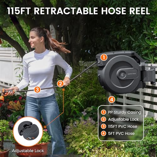 Image of Giraffe Tools AW505 /8 Retractable Garden Hose Reel 5 /8 inch x 115+5 ft, Heavy Duty Wall Mounted Water Hose Reel Automatic Rewind, 180 Deg Swivel Bracket, Slow Retraction, 115ft, Dark Grey
