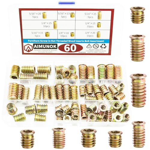60Pcs Furniture Screw in Nut Threaded Wood Inserts Threaded Inserts Bolt Fastener Connector Hex Socket White Zinc Plated Carbon Steel Carbon (1/4
