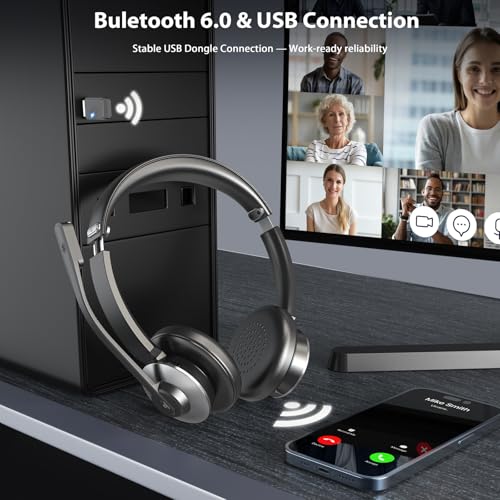 Image of Wireless Headset with Microphone, AI Noise Cancelling Headset for Office | V6.0 Bluetooth Headset with Mute & Charging Base, Computer Headphones 36H Work, Call Center /PC /Phone /Laptop /Teams