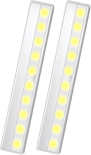 Paquete de 2 luces LED con sensor de movimiento, 10 luces LED para armario, funciona con pilas, barra de luz nocturna magnética adhesiva en