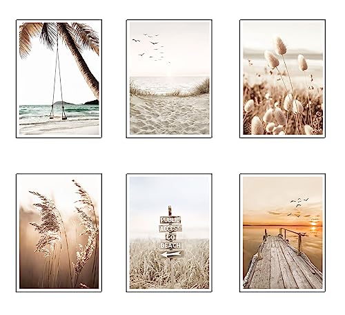 Set 6 cuadros base madera, Decoración Salón Modernos, Dormitorios, Habitación, paisaje, playa, naturaleza con colgadores metálicos, (29 x 20 cm cada cuadro)