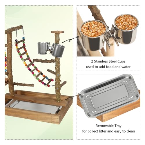 Image of Wooden Bird Play Stand Parrots Playground Perch Stand with Bird Ladder Chewing Toys and 2 Stainless Steel Cups (Brown)