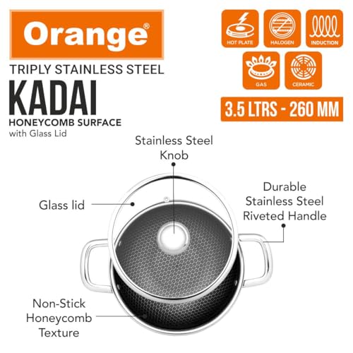 Image of Orange Triply Stainless Steel Honeycomb Non-Stick Deep Kadai /Kadhai with Glass Lid (3.5Ltr, 26cm) | Induction & Gas Stove Capatible | Metal Spoon Friendly | 2.5mm Thickness | 5Year Warranty