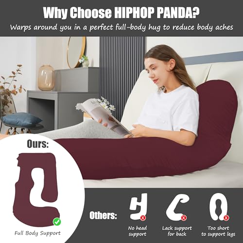 HIPHOP PANDA U-Shaped Pregnancy Pillow for Sleeping - Full Body Maternity Support Pillow with Removable Cover - Comfort for Back, HIPS, Legs, Belly - 57 Inch for Pregnant Women, Burgundy
