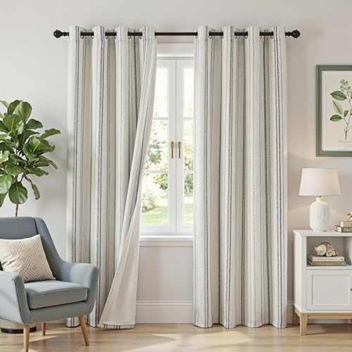 Image of MYSKY HOME Grey Striped Curtains 100% Blackout 84 Inches Long Gray Decorative Patterned Ticking Stripe Pinstripe Farmhouse Rustic Linen Double Layer Drapes for Bedroom, Grommet, 2 Panels, 52 inch Wide
