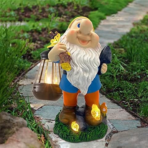 MIBUNG Garden Gnome Statue with Solar Lantern - Funny Garden Gnome Figurine with Solar Powered Light Outdoor for Patio Yard Balcony Porch Decoration Ornament Gifts (Yellow Hat) Cover
