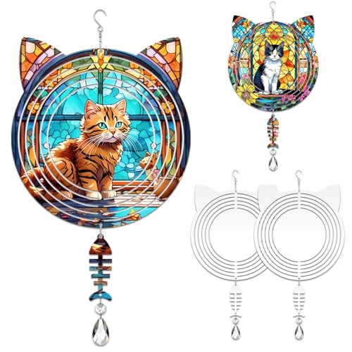WindMage 4Pack 8 inch Sublimation Wind Spinner Blanks 3D Aluminum Metal Wind Sculpture Kinetic Spinners for Yard and Garden Indoor Art Ornaments Hanging Decoration (Cat)