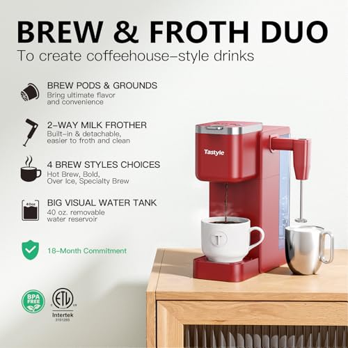 Image of Tastyle 330MF Single Serve Coffee Maker with Built-in Detachable Milk Frother, Iced and Hot Coffee Machine for K Cup & Grounds, 40oz Removable Water Reservoir, 6 Cup Sizes, Fits 7.3 inch Travel Mug, Red