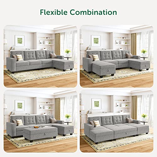 Honbay U Shaped Sectional Sofa With Storage Chaises Set 4 Seat Sleeper Couch With Ottomns Sectional Sofa Bed For Living Room, Light Grey #TOP5