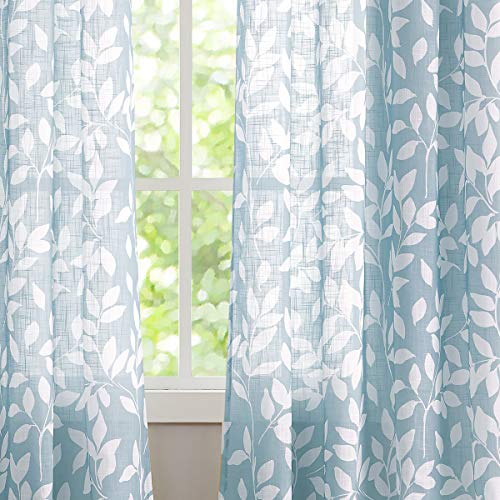Image of Treatmentex White Blue Curtains for Bedroom 72 inches Long Living Room Drapes Leaf Print Semi-Sheer Curtains for Kitchen Windows, Grommet Top, 2 Pack