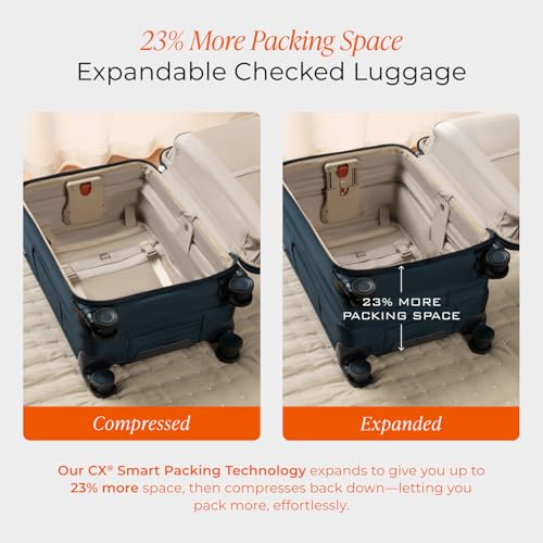 Image of Briggs & Riley 24 Inch Compact Checked Suitcase Luggage with Wheels - Zipperless Compression Expansion System, 360 Spinner, Flat Packing Interior, Accessible Front Pocket - Baseline Collection - Navy