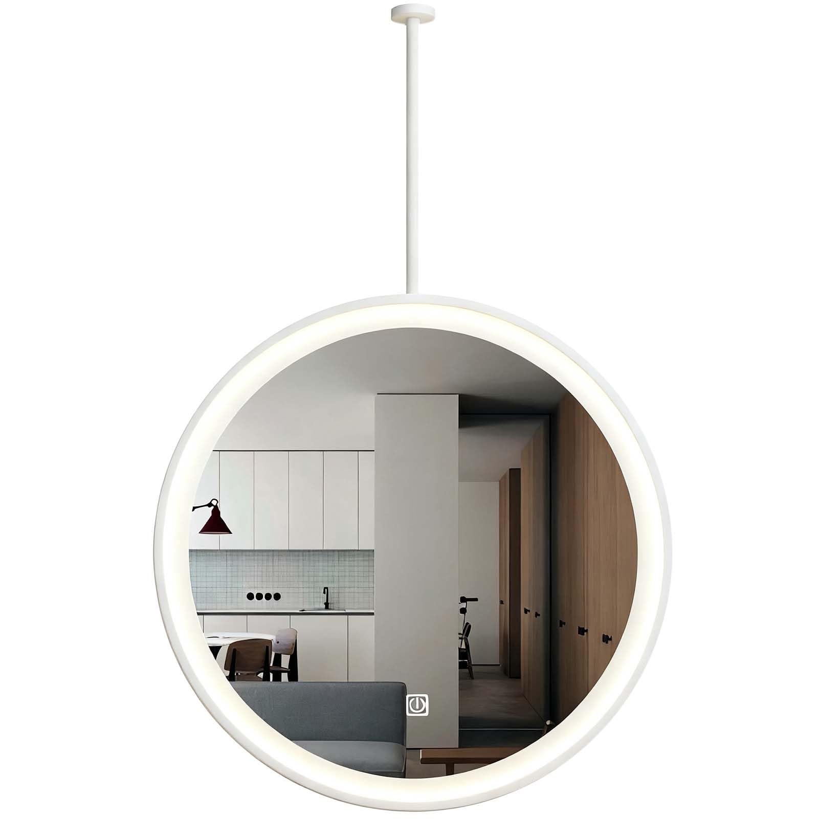 FGXHHS Metal Frame Mirror with LED Lights, Round Ceiling Suspended Hanging - Boom Customizable, Bathroom Wall Mounted Mirrors for Vanity/Makeup/Shaving(White,Diameter-60CM/23.6INCH)
