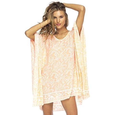 Back From Bali Womens Beach Swimsuit Cover Up Dress Caftan Floral Short Poncho Bun Coral Cover