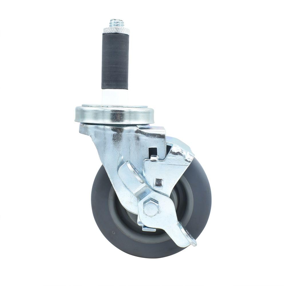 BK Resources 4" Gray Rubber 1" Expanding Stem Swivel Caster for Work Tables with Top Lock Brake – 4", Silver, Model 4SBR-1RA-GR-TLB