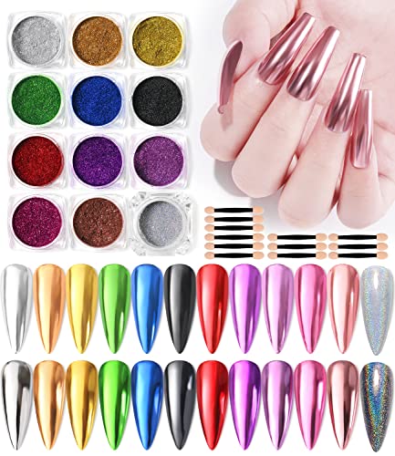 11Pcs Magic Mirror Chrome Nail Powder & 1Pc Holographic Laser Silver Nail Powder Pigment, Shinny Glitter Nail Art, Dust Nail Powder For Manicure Decorations #TOP15