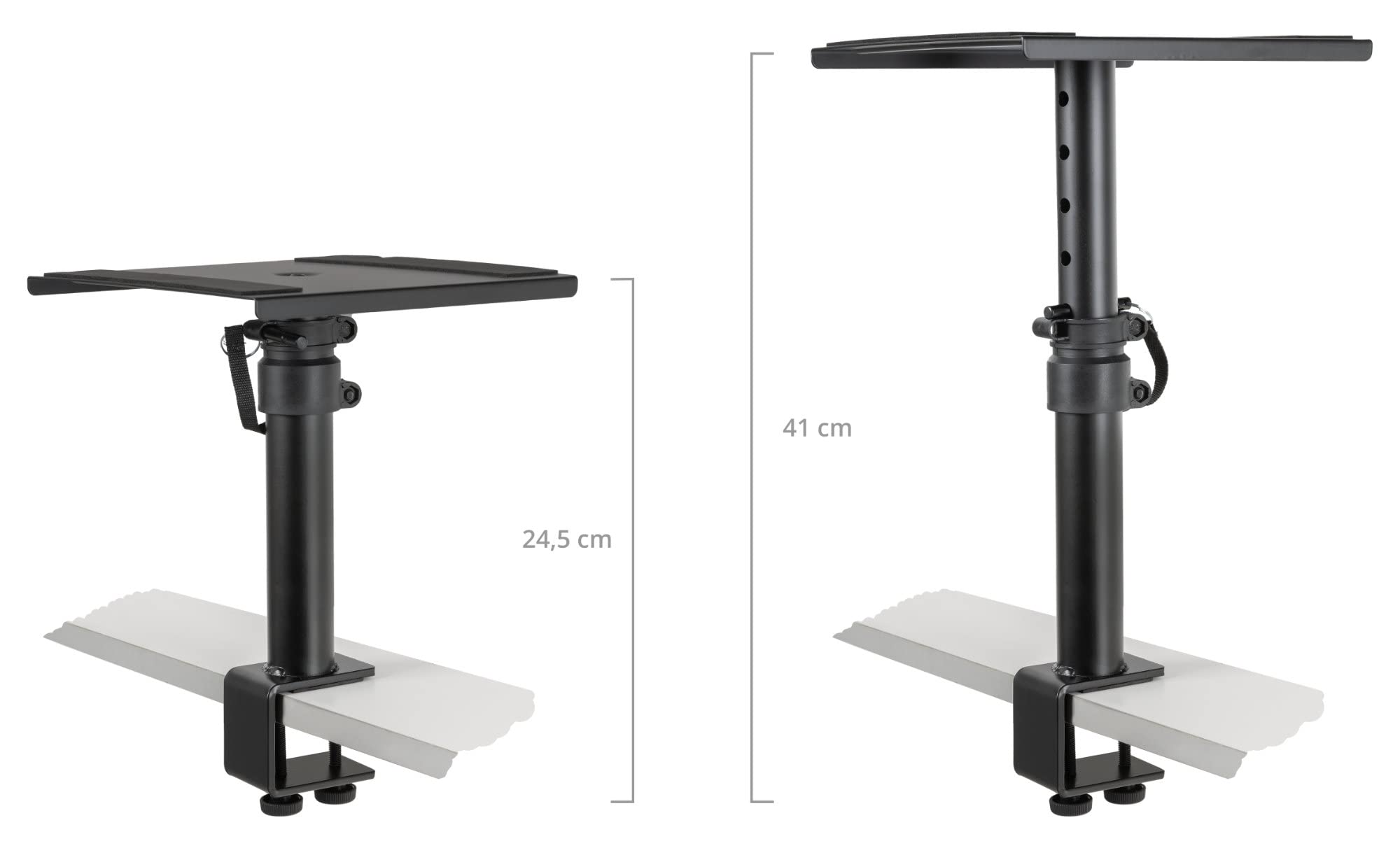 Pronomic SLS-36K BK Coppia di Supporti da Tavolo con Morsetto per Monitor da Studio - Molto Salvaspazio - Regolabile in Altezza da 24,5 cm a 41,5 cm - Piano con Fascia a Strappo - Nero