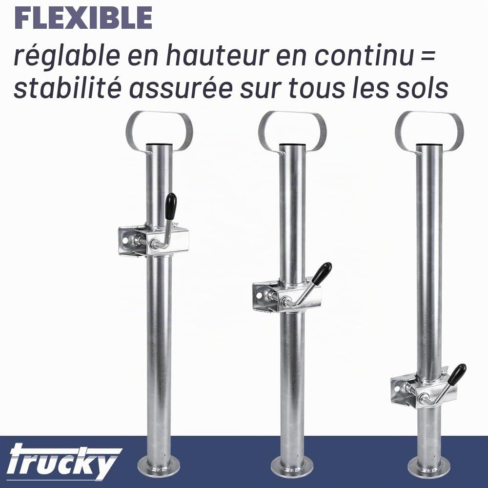 Trucky Set de 2 crics de remorque avec Pinces, 300 kg, Acier galvanisé, Hauteur réglable de 60 cm 600 mm, 48 mm