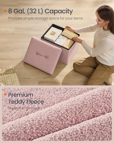 Image of SONGMICS Small Folding Storage Ottoman, Jelly Pink | Foot Rest Stool, 12.2 x 16.1 x 12.2 Inches, 286 lb Capacity, Bedroom, Dorm, ULSF094R01