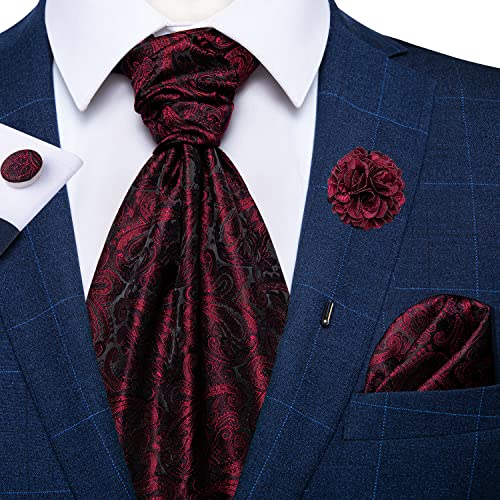 Image of DiBanGu Mens Silk Ascot Ties Paisley Jacquard Woven Cravat and Pocket Square Cufflinks with Lapel Pin for Business Wedding