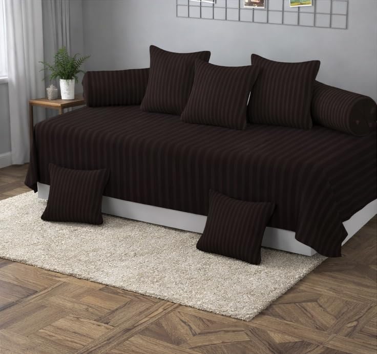 Premium Satin Fabric Stripes Patter Diwan Blend Set of 8 Pcs One Single Bed Sheet(70x100 inches) with 5 Cushions Covers and 2 Bolster Covers (Coffee, Diwan Blend Set)-image-13