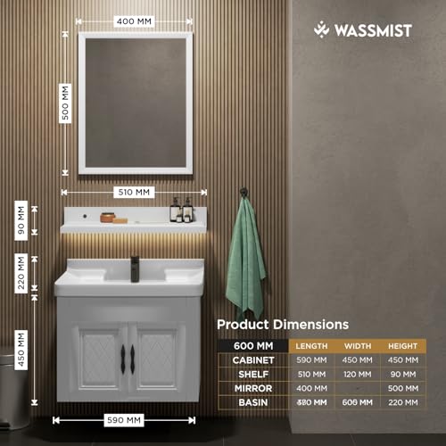 Image of WASSMIST Bathroom Vanity Washbasin Cabinet with Mirror & Shelf | Wall Mounted Wash Basin with Cabinet Full Set | Waterproof & Unbreakable (White)