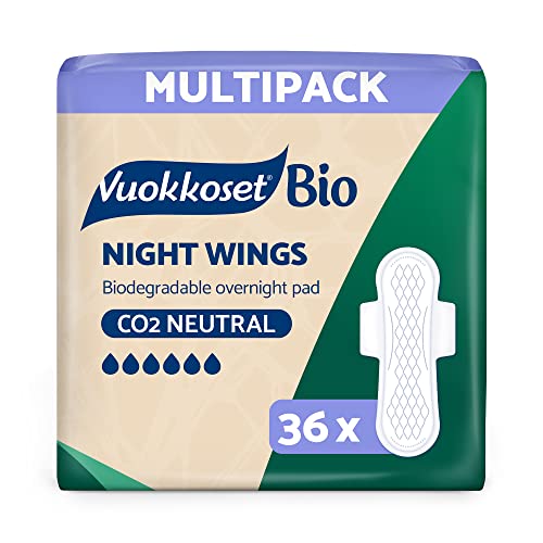 Vuokkoset Eco Noche - Compresas finas con alas, Biodegradables 31,8 cm| Multipack 36 unidades para piel sensible |Algodón Orgánico | Sin colorantes, fragancias ni cloro |Núcleo Absorbente Ecológico |