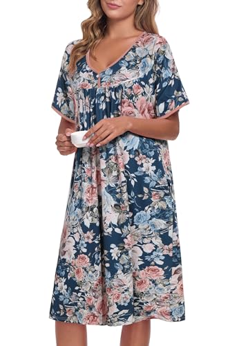 Image of AVIIER Nightgows for Women Soft Cotton Night Shirts Short Sleeve Sleepwear with Pockets